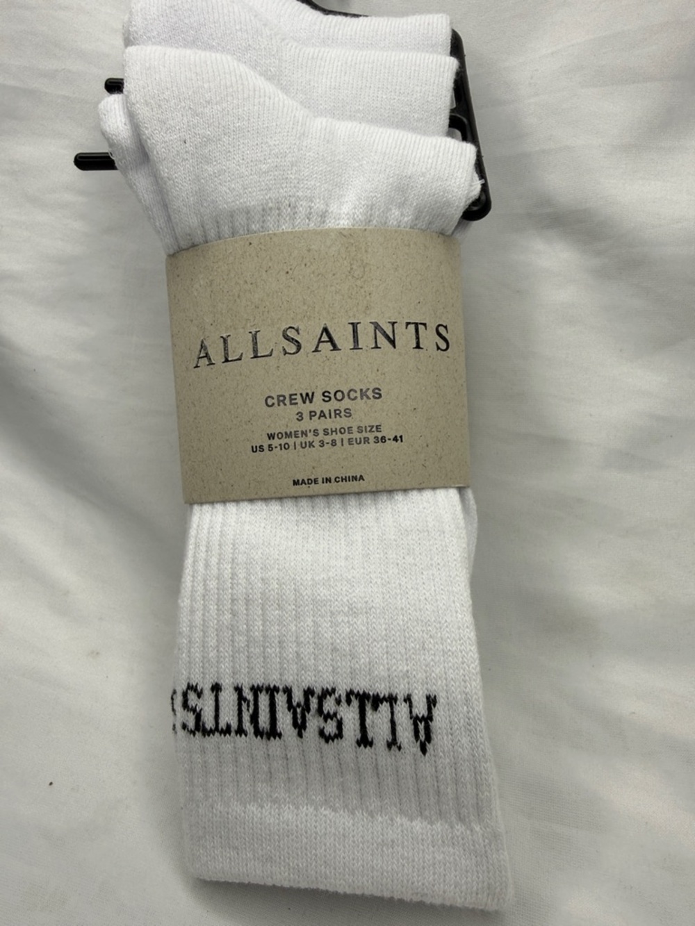 AllSaints White Crew Socks with Black Logo — 3-Pack